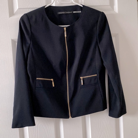 Ivanka Trump dark navy blazer gold zippers with satin lining - Picture 3 of 6